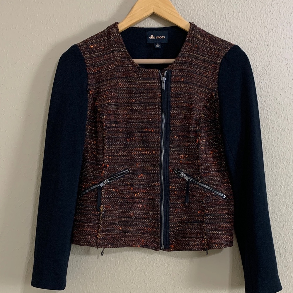 Ella Moss Women's Black and Brown Tweed Textured Blazer Moto Jacket Size XS